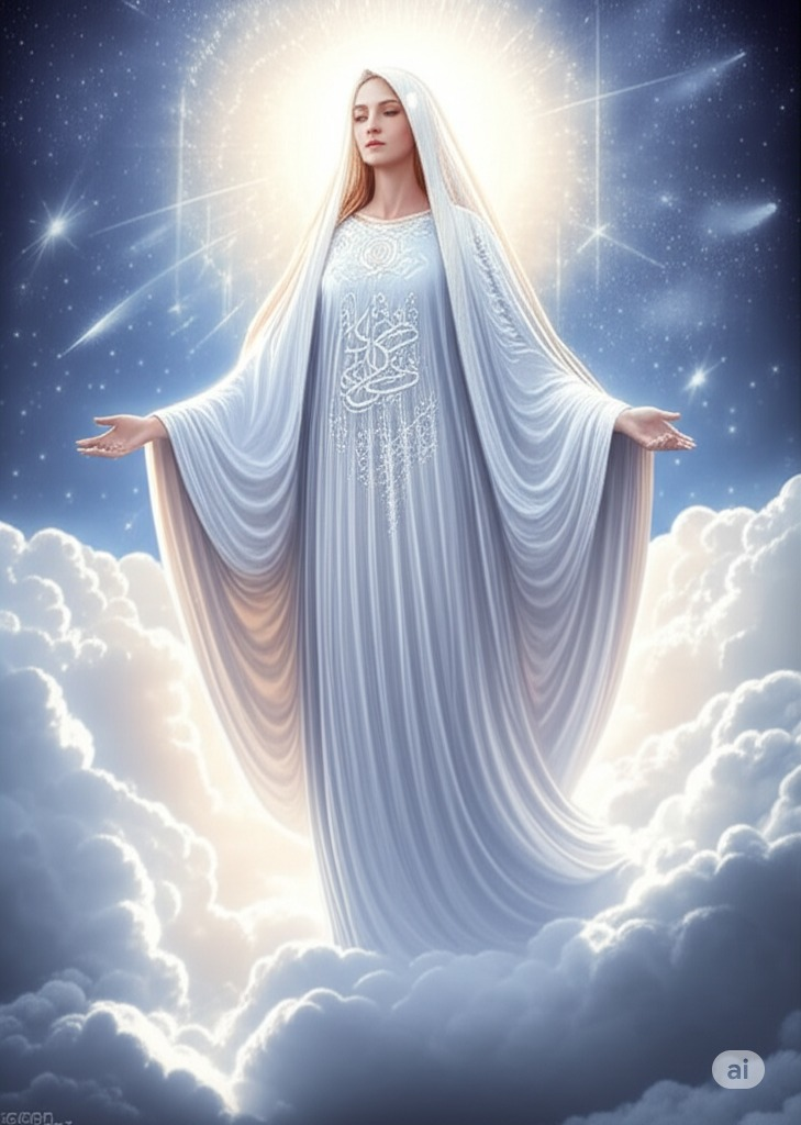 A divine feminine symbol (Walijah), depicted as a graceful, luminous woman draped in flowing robes of soft white, silver, and pale gold. Her presence blends seamlessly with the vast celestial sky above, as if she is one with the heavens. Her hair or veil merges into clouds and starlight, symbolizing unity with the will of the cosmos. Subtle Islamic geometric patterns and calligraphy shimmer faintly in the sky and on her garment. Her expression is serene, embodying pure surrender and harmony with divine will. A soft halo of Nur Ilahi (divine light) surrounds her, with shooting stars and crescent moons accenting the scene. The composition evokes peace, grace, and cosmic connection.

Style:
Spiritual fantasy illustration, soft ethereal glow, high detail, warm silver and gold highlights, cosmic and mystical background with subtle Islamic motifs.