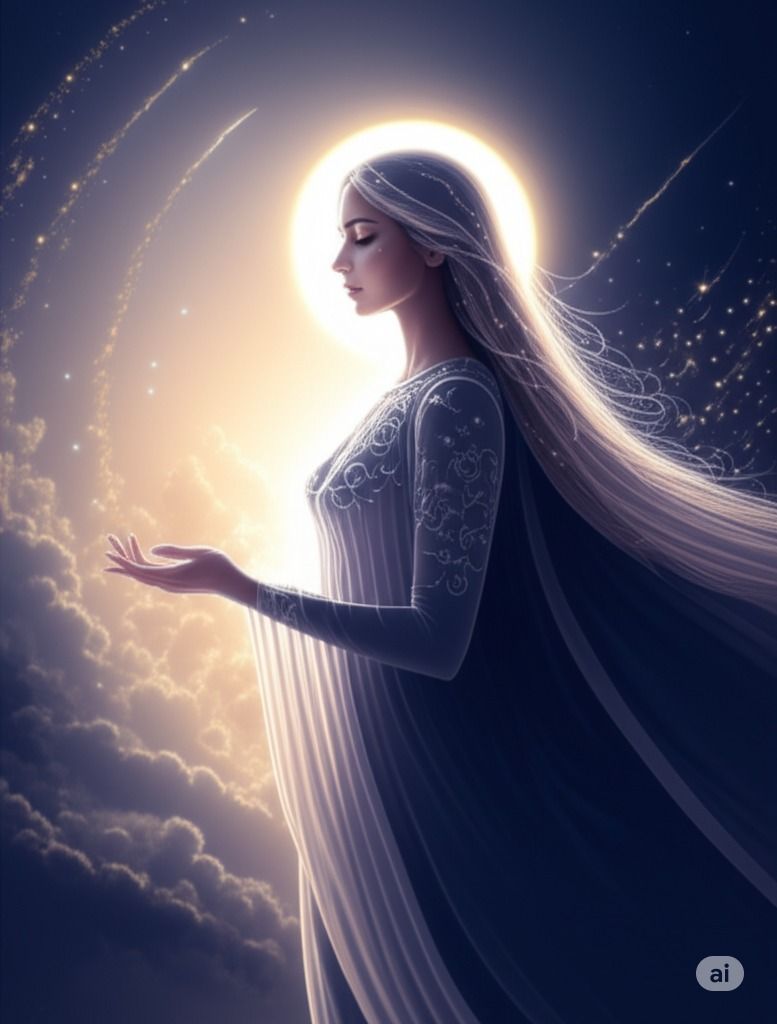A mystical inner vision of Walijah, represented as a radiant, feminine figure emerging from the depths of the soul. The scene blends the silhouette of a meditating muslim women with an inner light that takes the form of a luminous woman in flowing robes, symbolizing the anima ilahiah (divine feminine essence). Surrounding them is a dreamlike, abstract space of swirling light, soft clouds, and subtle Islamic geometric patterns. The colors are deep indigo, soft gold, and white, evoking spiritual depth and sacred mystery. The overall atmosphere is introspective, peaceful, and filled with the sense of discovering the hidden divine feminine within.

Style:
Spiritual visionary art, soft ethereal glow, high-detail illustration, cosmic and inner-world theme, subtle Islamic motifs, warm and deep color palette.