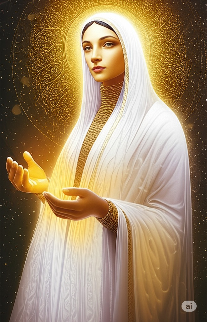 A mystical Islamic feminine archetype (Walijah), depicted as a luminous, ethereal woman draped in flowing white and gold robes, her face serene and radiant with divine light (nur). She stands amidst a vast cosmic backdrop filled with stars and subtle calligraphic patterns, symbolizing divine presence. Soft, warm light emanates from her figure, blending with the darkness around, creating an aura of both gentleness and strength. Her hands are slightly raised as if in supplication or blessing. The overall atmosphere is sacred, mystical, and filled with a sense of hidden power and grace.

Style:
Illustration, spiritual art, soft glow, high detail, Islamic geometric and calligraphy motifs subtly integrated, warm gold and white tones, cosmic background.